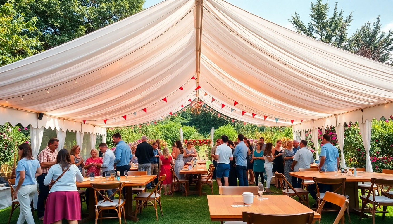 Guests enjoying party tent rentals in a beautifully decorated garden setting.