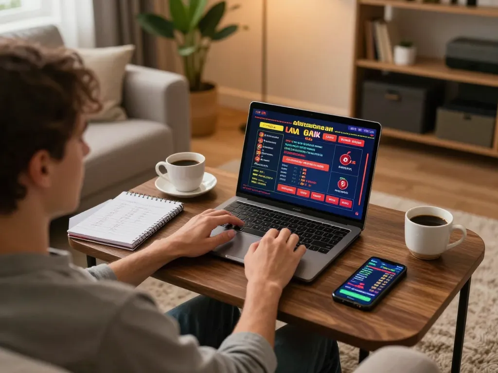 Player enjoying casino senza licenza aams on laptop in cozy home setting with betting notes around
