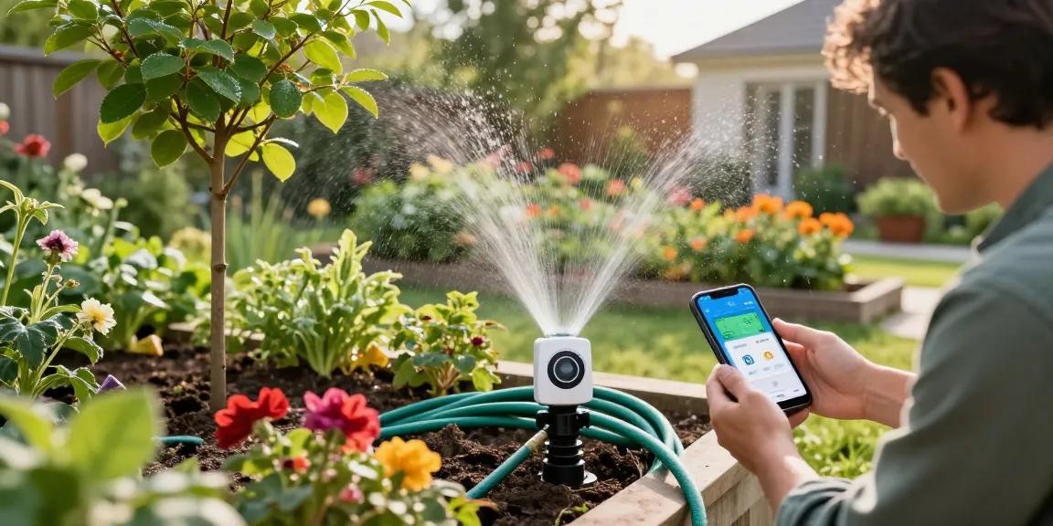 Efficient use of a wifi sprinkler controller in a colorful home garden during morning light.