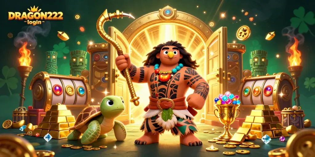 Experience the thrill of DRAGON222 login with our cartoon-style hawk and turtle amidst golden treasures and vibrant slot elements.