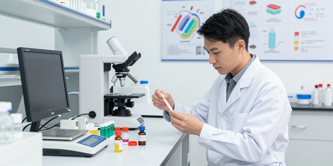 TB 500 Benefits showcased in a modern lab with a technician preparing innovative buccal strips, emphasizing precision.