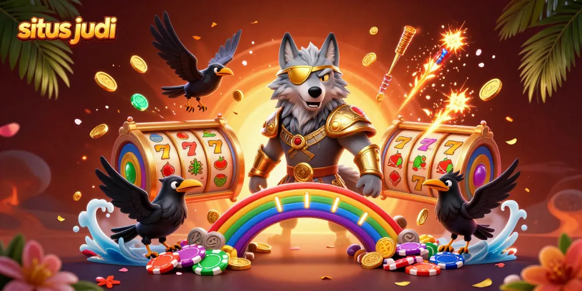 Experience situs judi as the Odin wolf and ravens celebrate jackpot spins surrounded by vibrant casino elements.