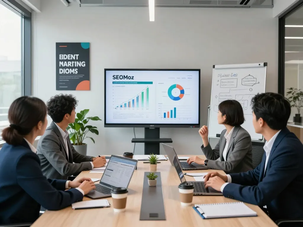 Team discussing SEOMoz says insights in a bright, modern office meeting.