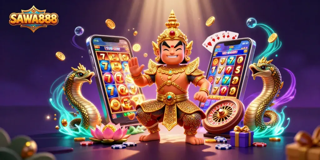 Play thrilling slot games with SAWA888’s vibrant 3D casino scene featuring lucky symbols and dynamic action.