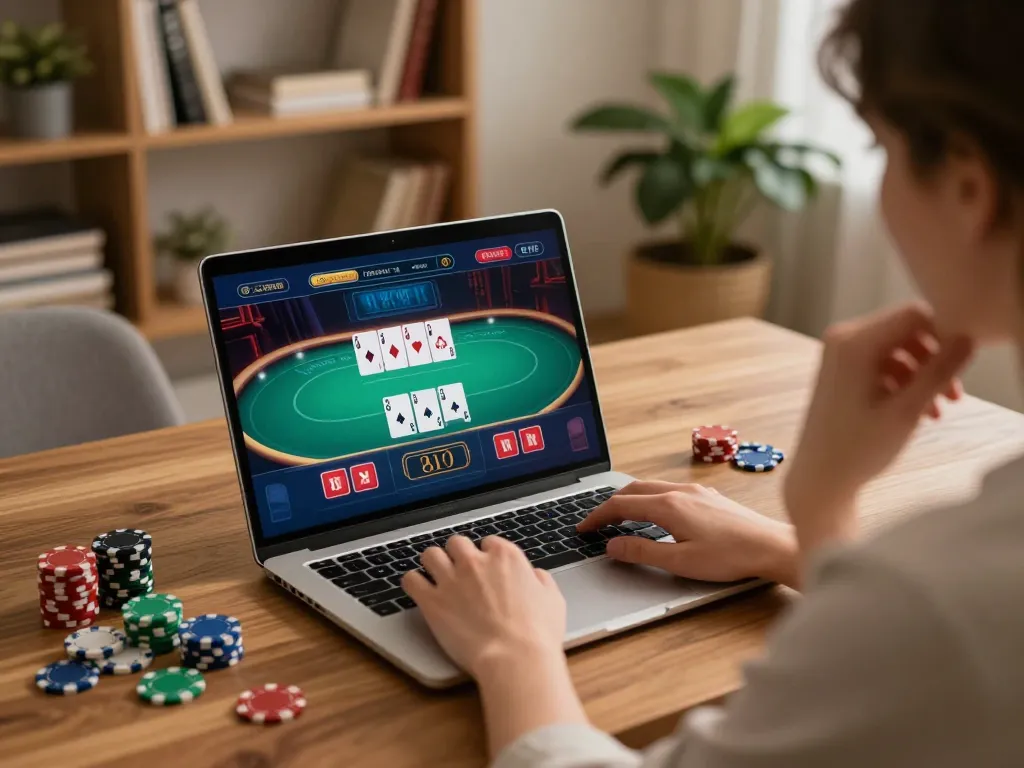 Engaging online gaming atmosphere with keonhacai 5 in use on a laptop for strategic casino gameplay.