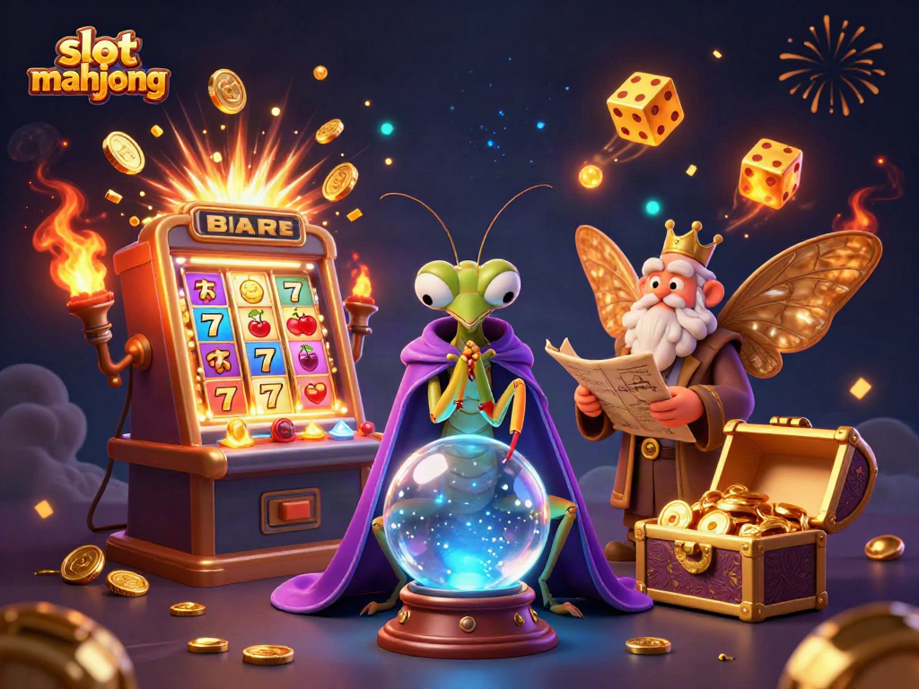 Explore slot mahjong strategies with fortune teller characters amidst vibrant casino imagery.