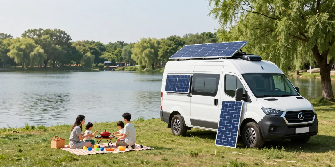 Flexible solar panel charging devices in a family-friendly lakeside setting.