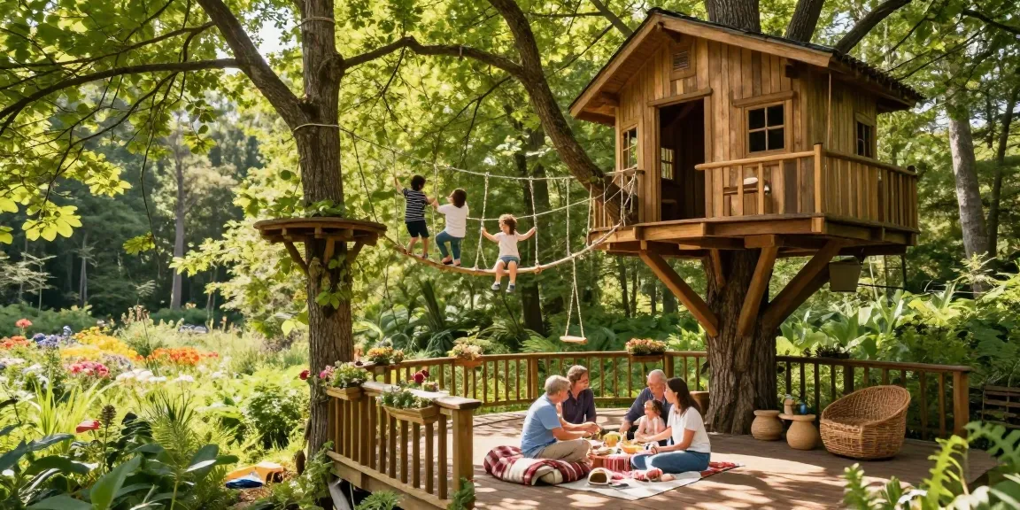 Families enjoying the tree house life in a serene forest setting, featuring a picnic and rope bridge.