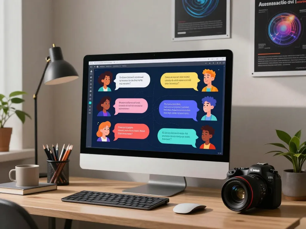 AI chatbot interface highlighting diverse interactions with characters, illustrating ia +18 technology in a modern workspace.