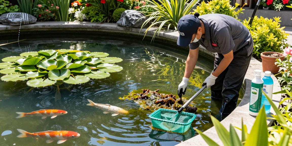 Professional Pond Cleaning Kent: Expert cleaning of a serene garden pond with vibrant koi fish and lily pads.