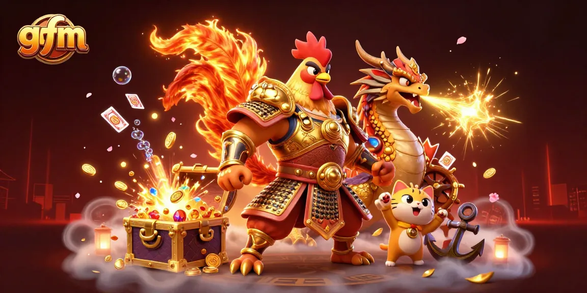 Experience exciting gaming at gfm, illustrated with a powerful rooster warrior, dragon hatchling, and treasures.