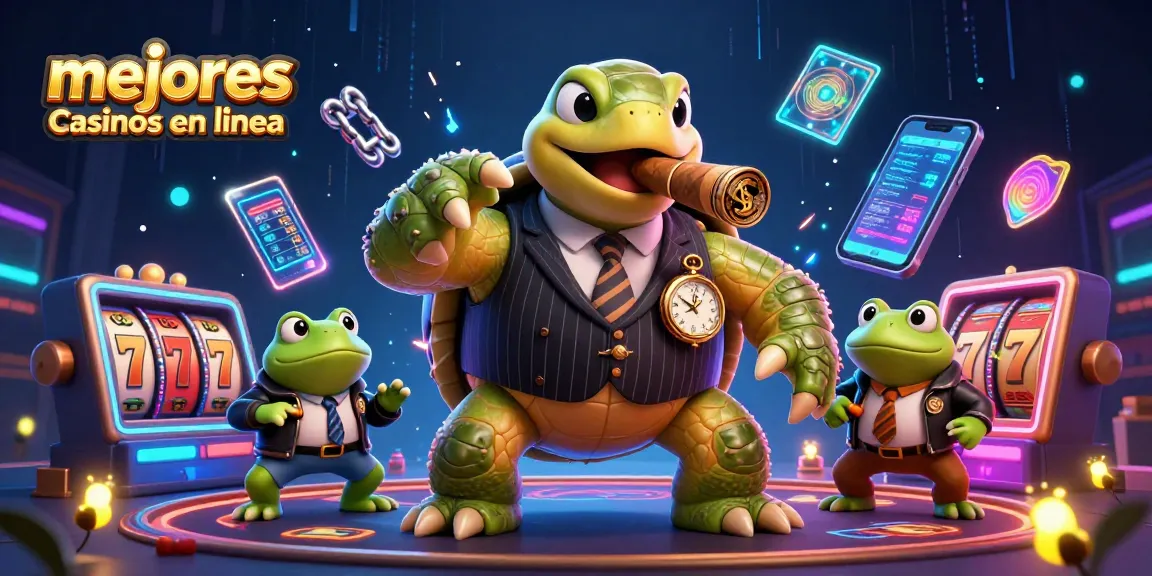 Ilustración de los mejores casinos en línea con una tortuga como mafioso y ranas de enforzador.