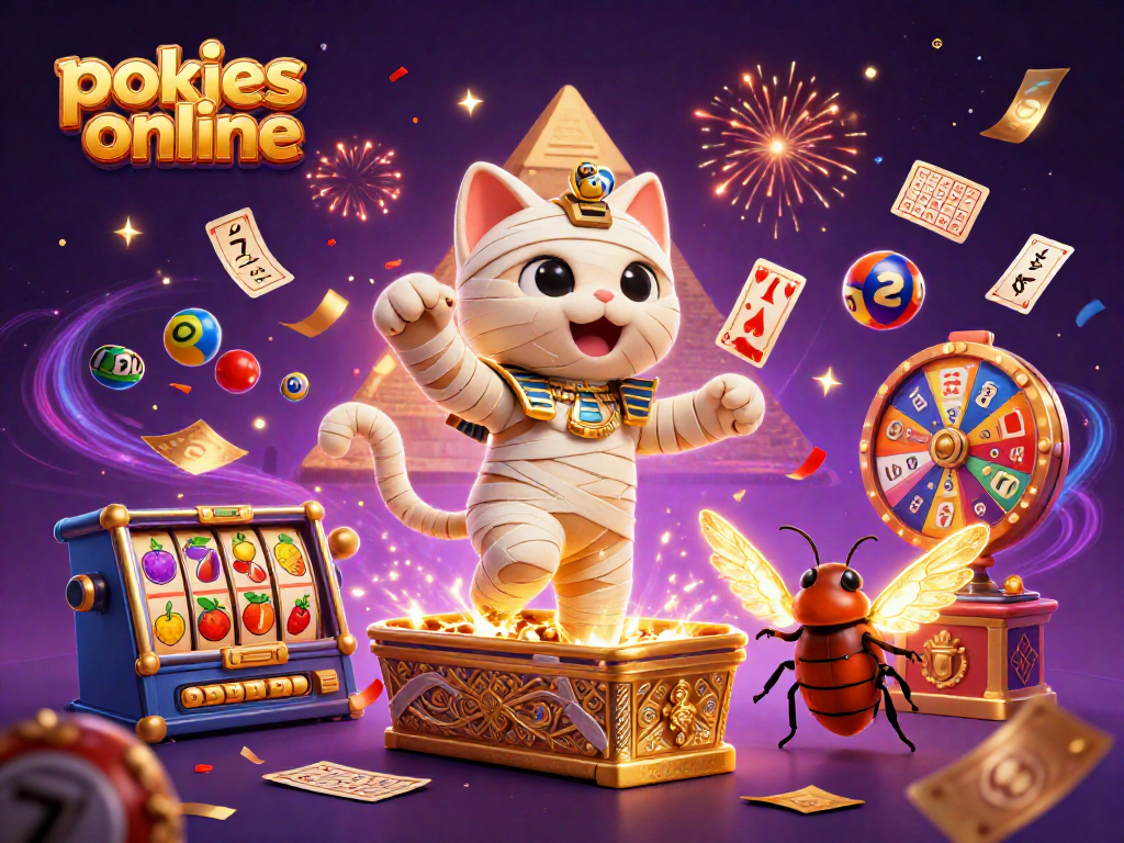 Spin and win with pokies online in a vibrant casino scene featuring a mummy cat and treasures.