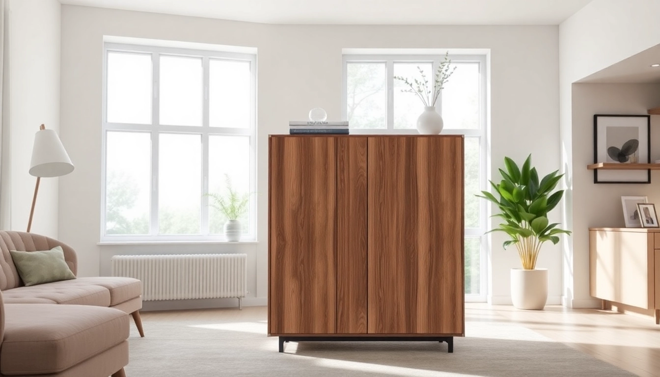 Stylish storage cabinet optimizing space in a contemporary living room layout.