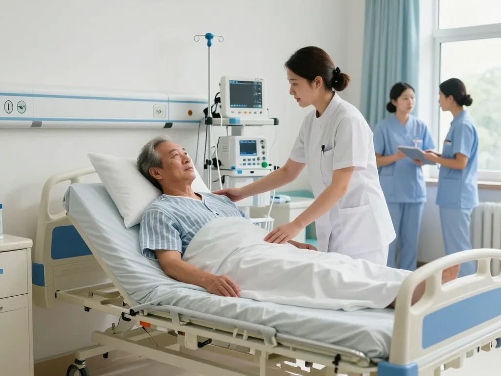 giường bệnh nhân in a hospital room with a nurse adjusting for patient comfort