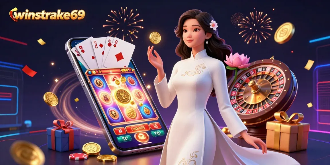 Engage in thrilling gameplay at winstrike69 with a vibrant 3D casino scene illustrating excitement and rewards.
