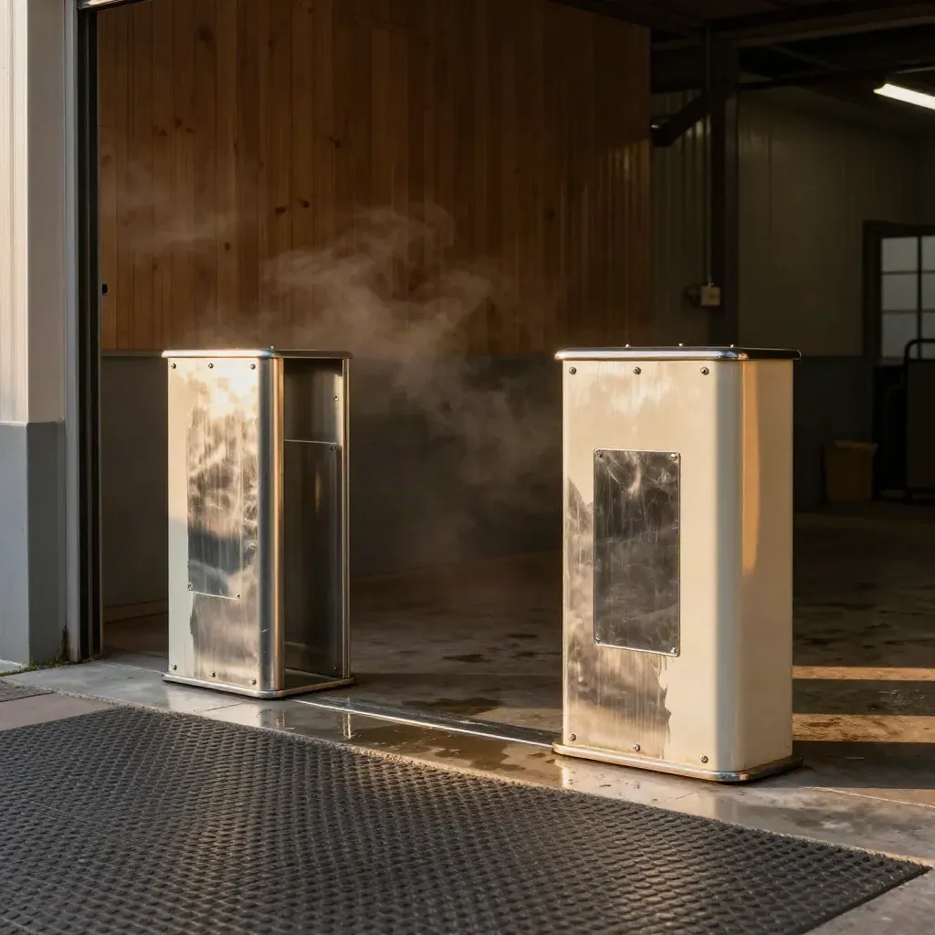 Industrial entryway with safety guards, bollards, and damp anti-slip matting in warm light