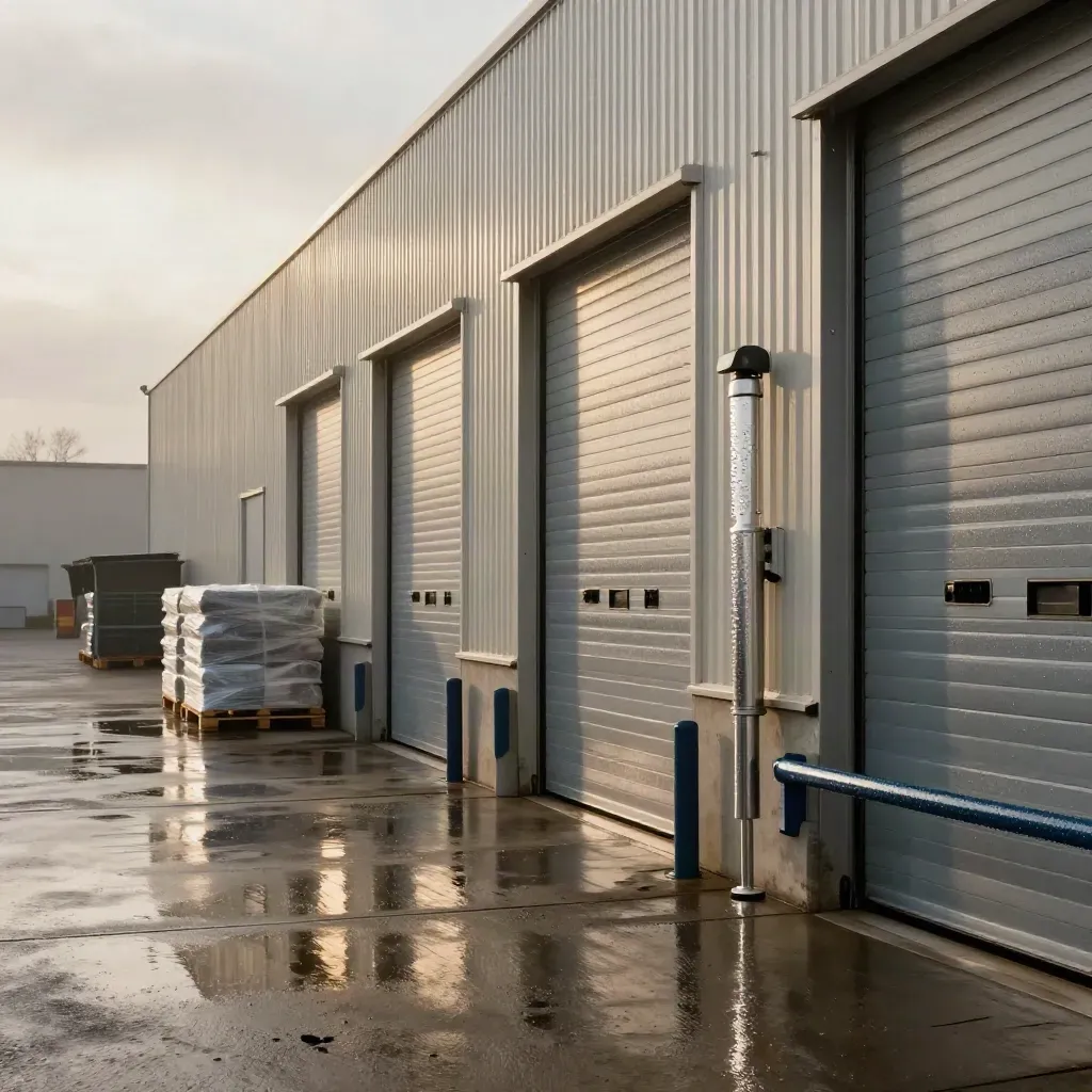 Storm-damp warehouse exterior with shutters, flood gates, wrapped stock and secure loading docks