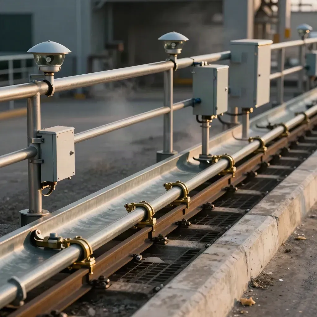 Industrial risk-control infrastructure with rails, sensors, and spill containment at a plant edge.