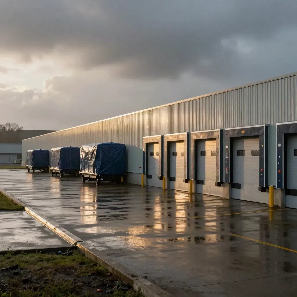 Rain-soaked logistics campus at blue hour with loading bays, flood barriers and wet concrete.