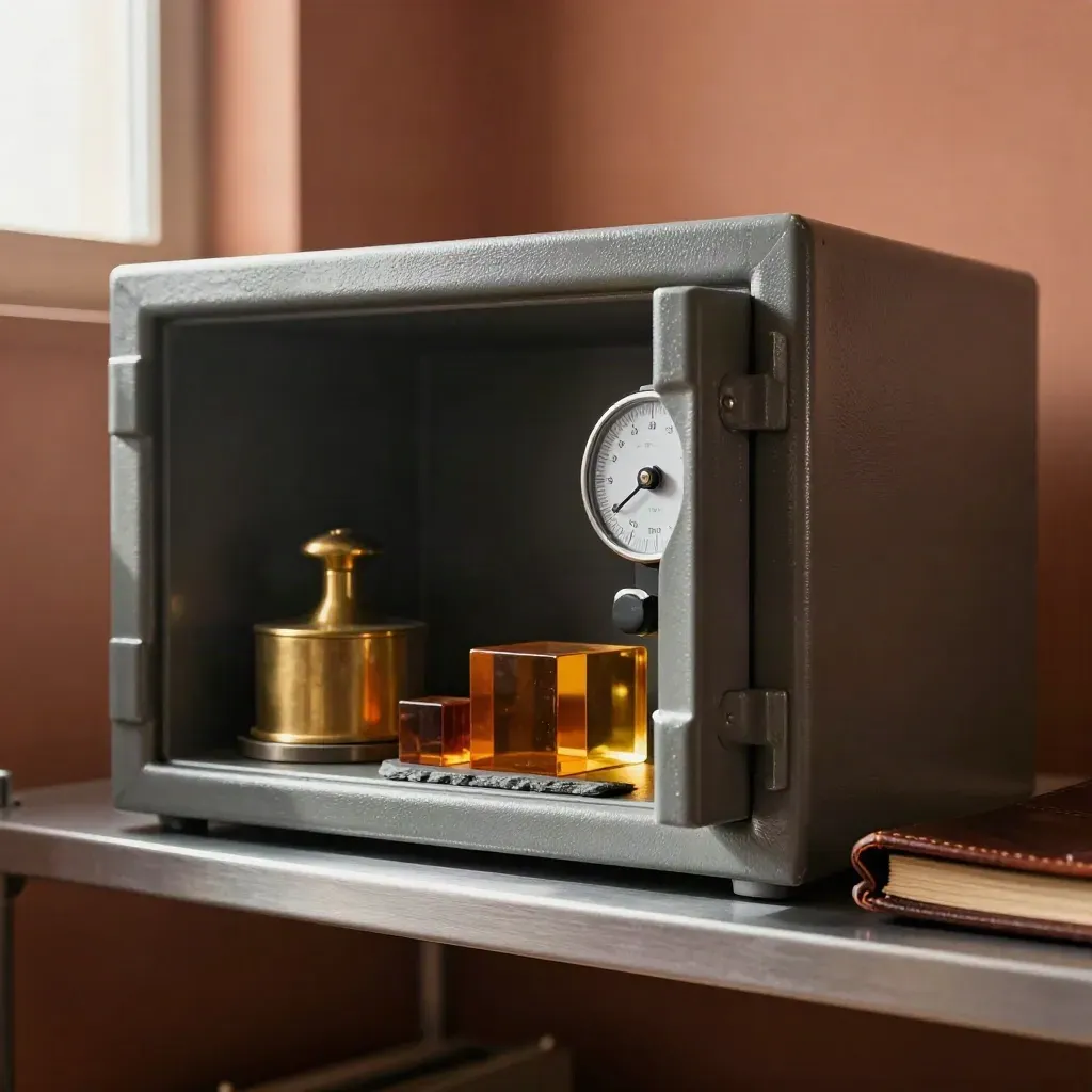 Treasury shelf with safe, brass weights, amber cubes and leather folio in warm vault light.