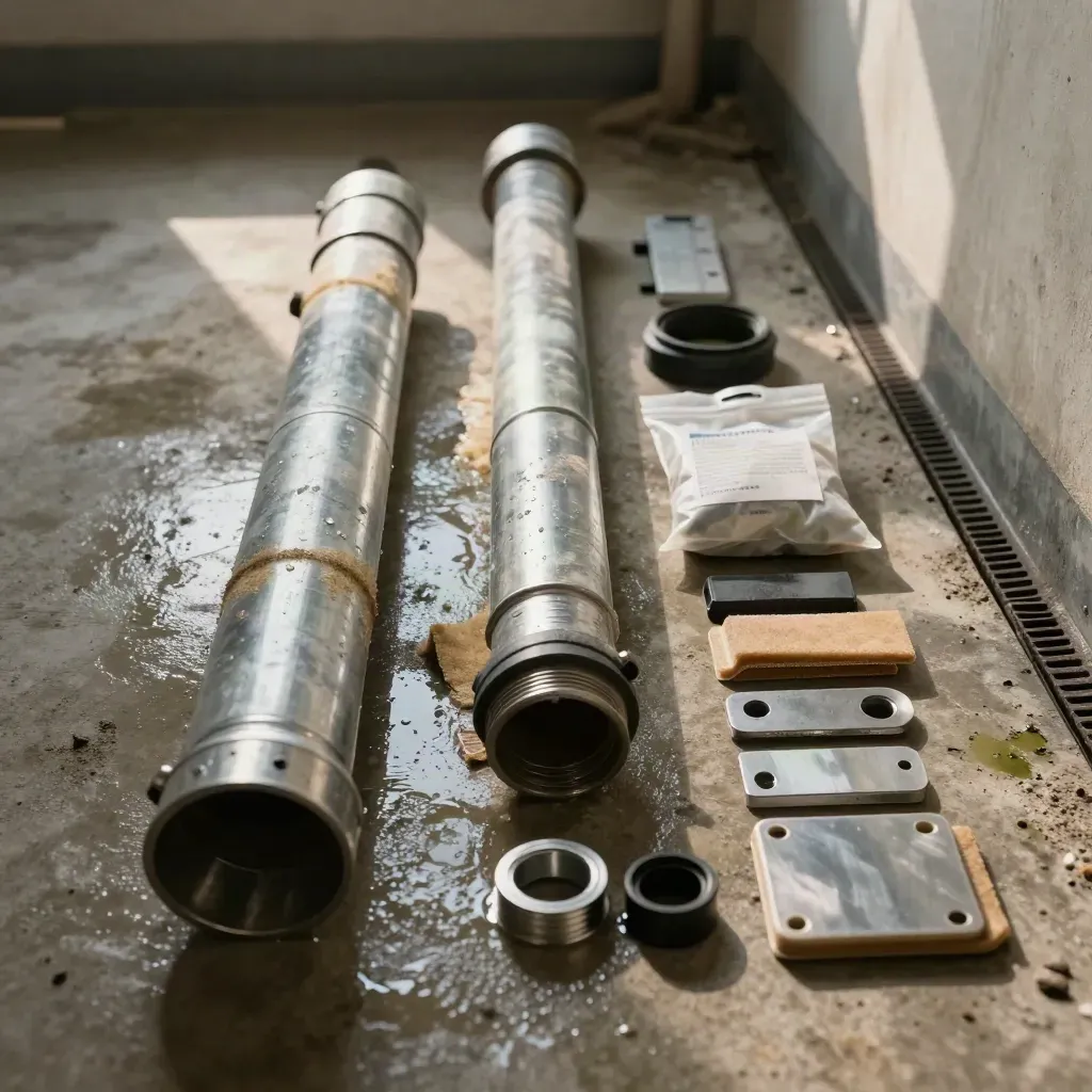 Low-lit claims evidence set with damaged pipe, carpet tile, specimen bag, and repair parts on wet concrete.