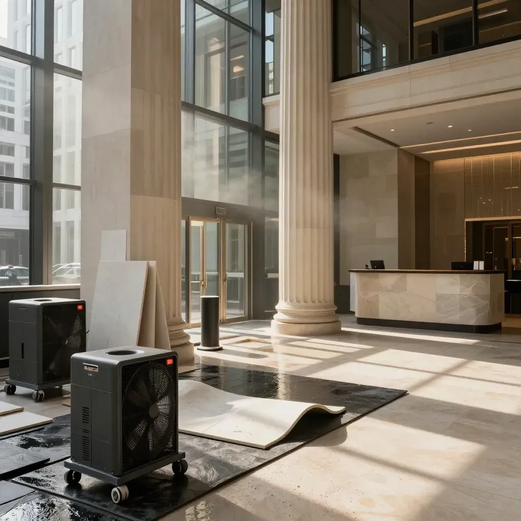 London tower lobby drying after water damage, with fans, mats, and stone panels.