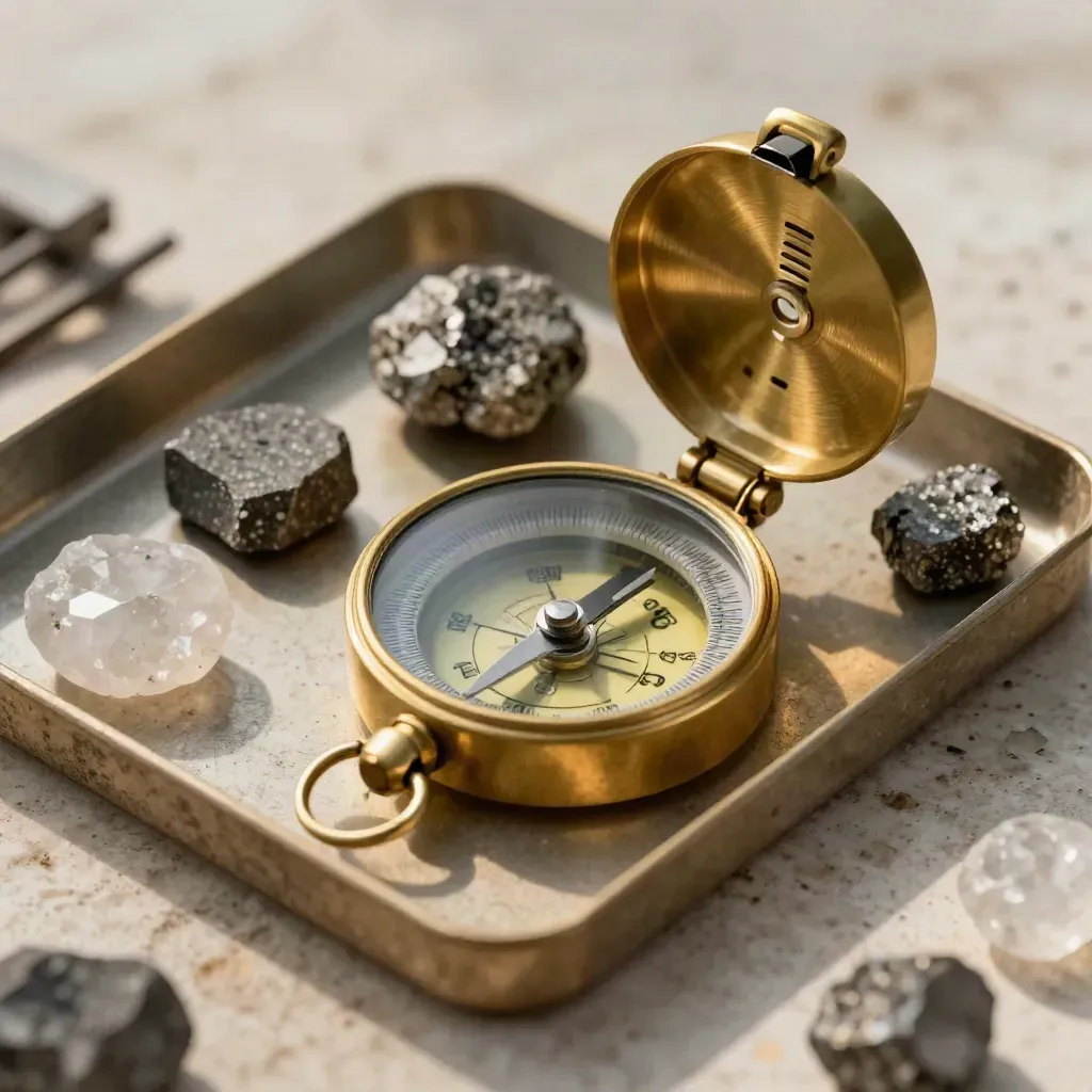 Brass compass, safety sensor dome and mineral blocks on a worn field tray in macro detail.