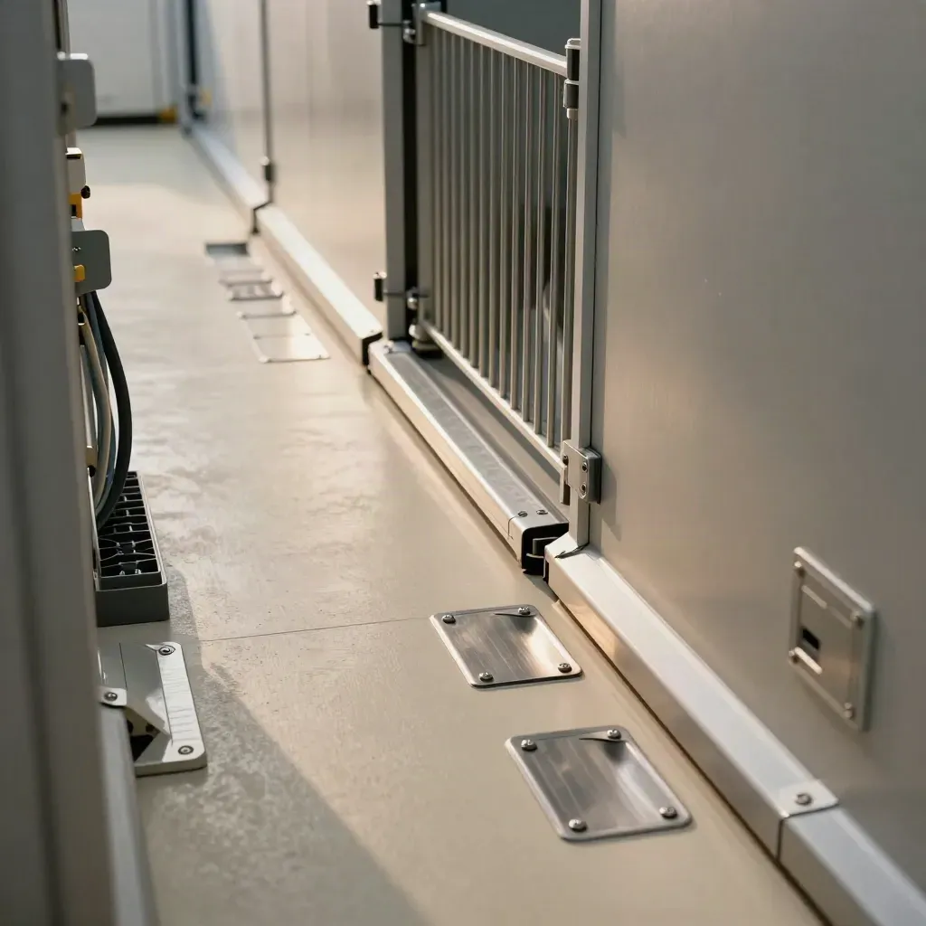 Floor-level tech corridor with cable runs, threshold hardware and white safety bands in cool haze.