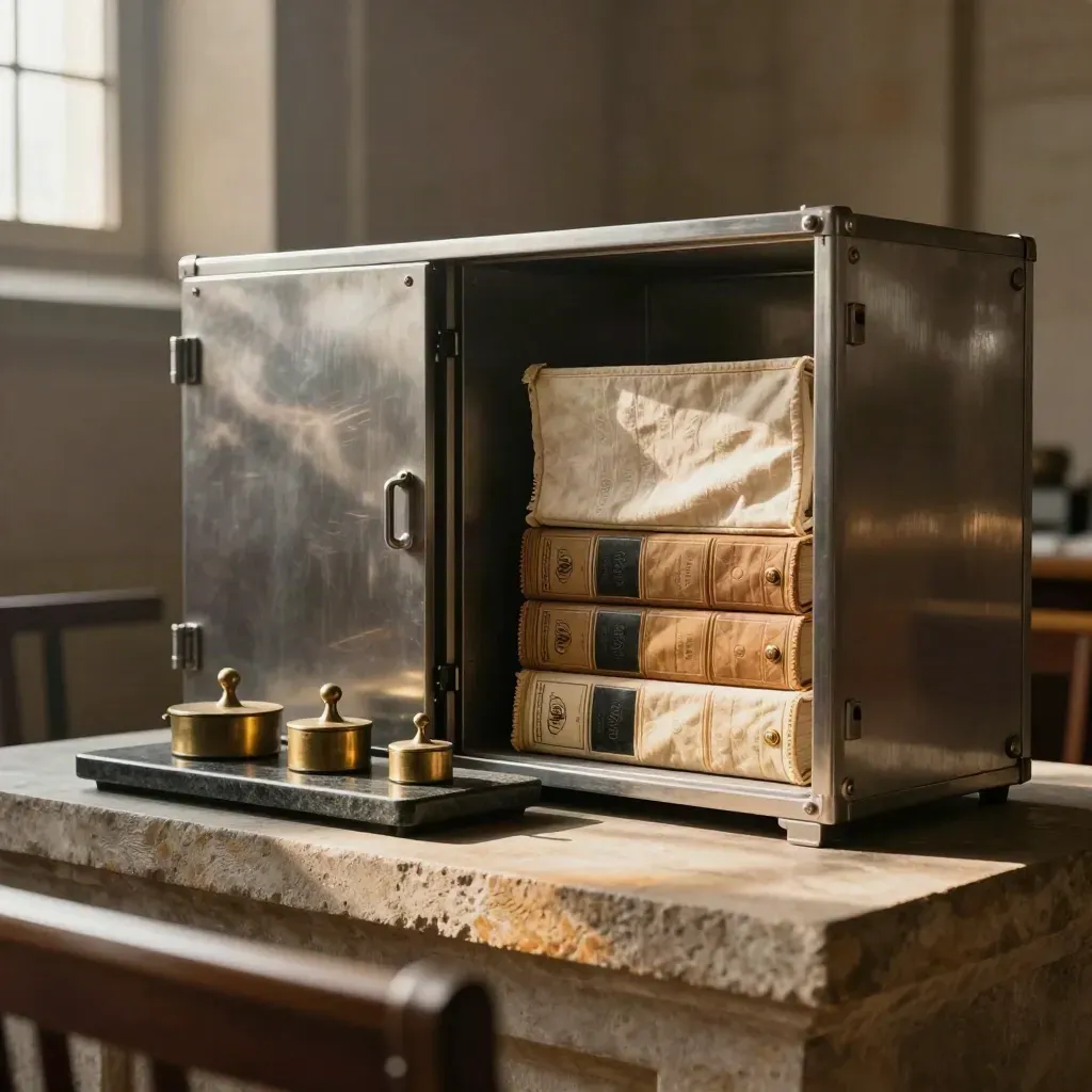 Brushed metal reserve cases, brass weights and a stone tray in a quiet capital archive.