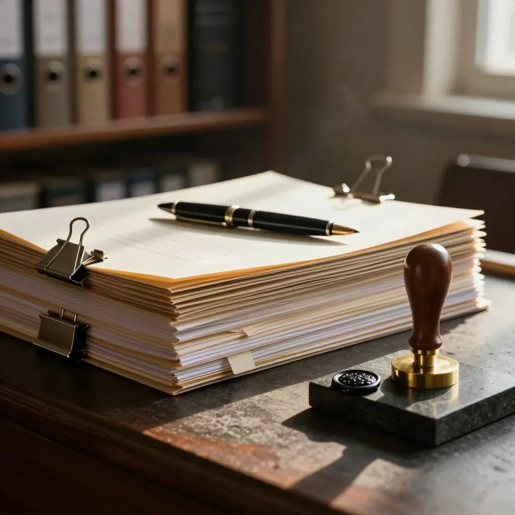 Closed policy folios, binder clips, pen and seal stamp on dark stone in dramatic side light.