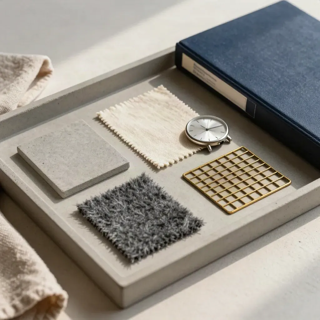 Stone tray with swatches, watch face, binder spine and brass clips in soft side light.