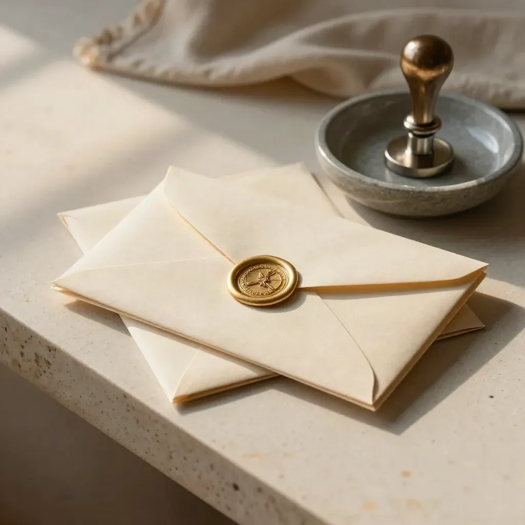 Stone dish with a sealed envelope, wax seal, and metal clip on a plaster sweep.