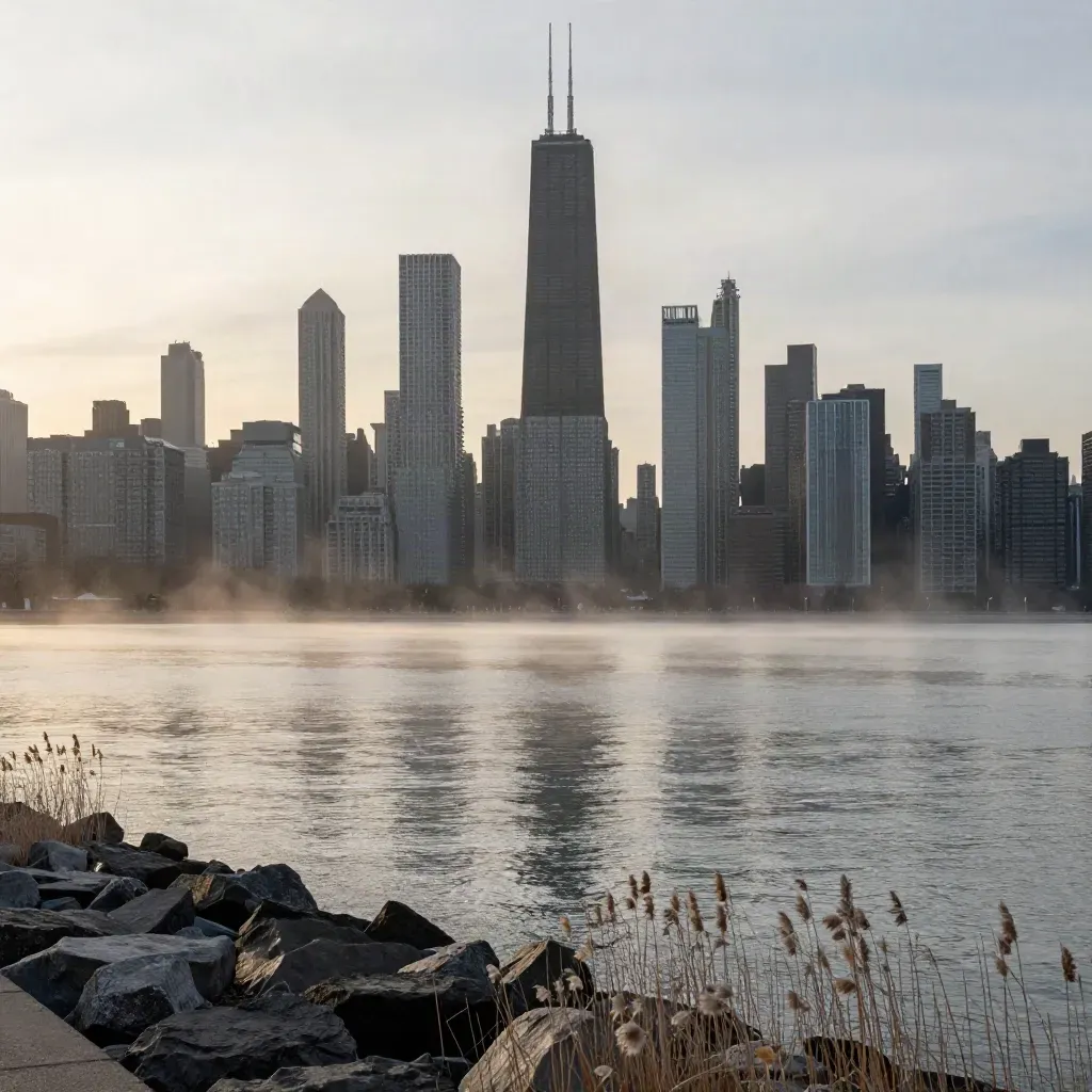 Chicago skyline above misty lakefront at sunrise, calm water and shoreline under a hazy sky.