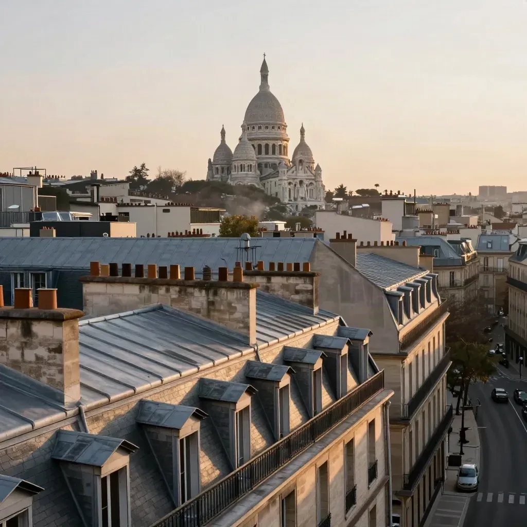 Paris rooftops and a distant basilica under late golden haze, with calm space for Europe copy.