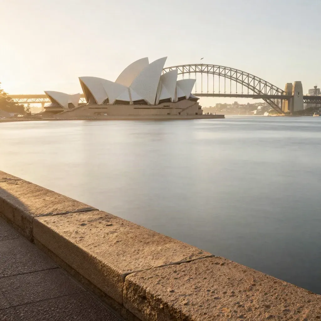 Sydney Harbour with the Opera House and bridge above warm sandstone and calm misty water.