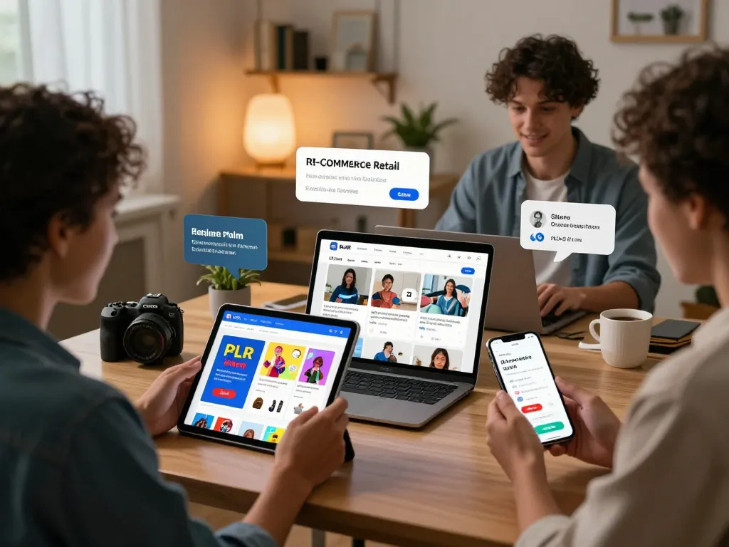 Engaging scene to buy PLR products online with individuals exploring vibrant digital listings in a cozy home office.