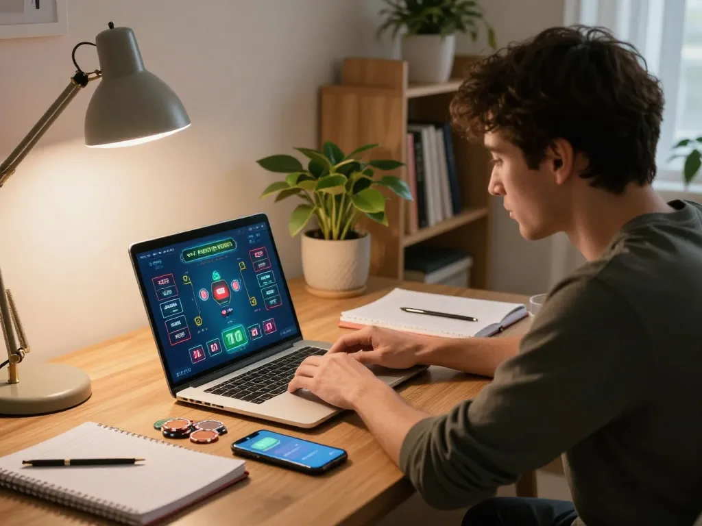 Player strategizing in an online poker game at home, focused on 58win gameplay actions and betting decisions.