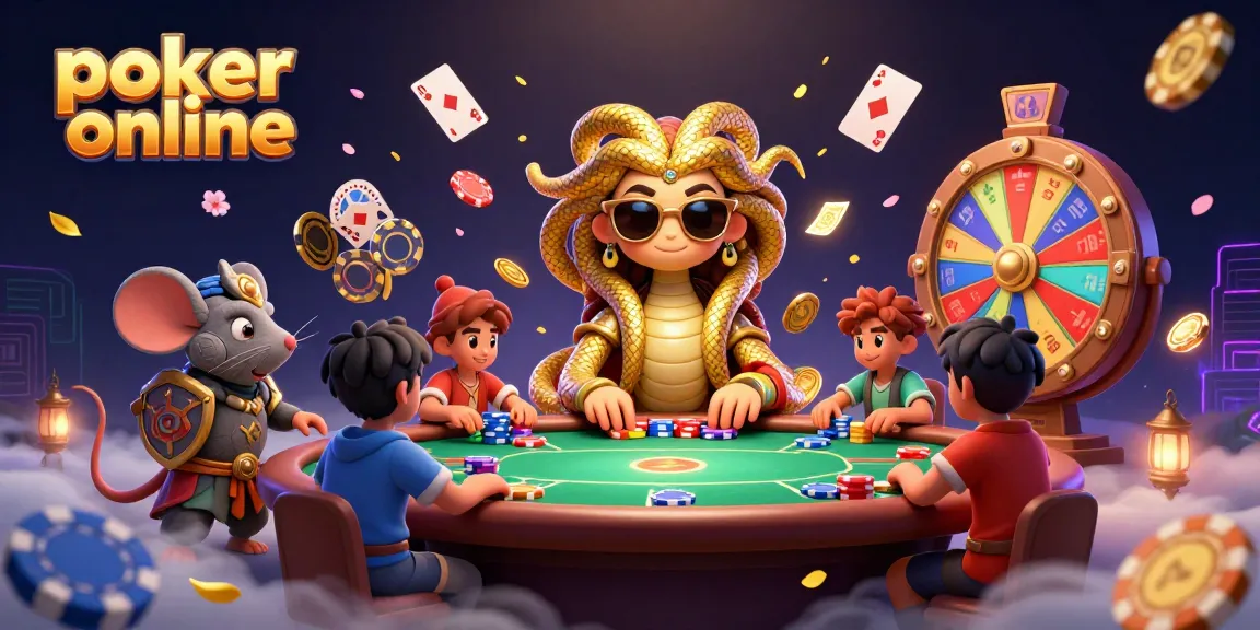 Gioca poker online con Medusa e un topo guerriero, ricco di dettagli e colori vivaci.