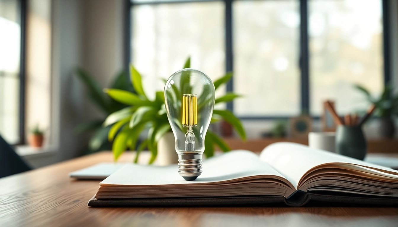 Highlighting g16 bulb shining brightly on a modern desk with greenery.