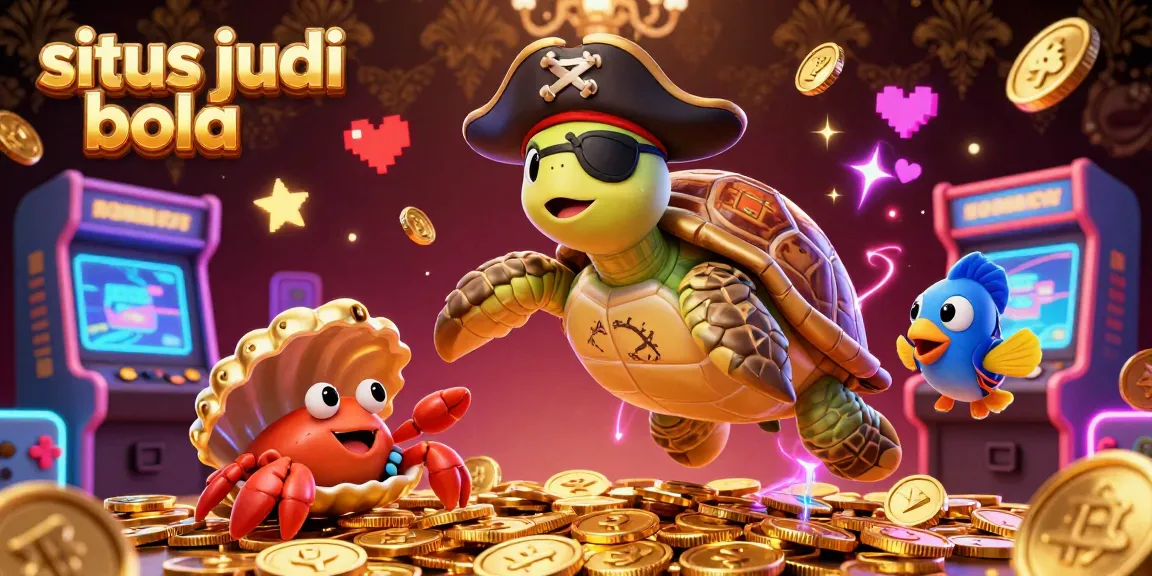 Explore situs judi bola with an engaging 3D cartoon illustration showcasing a pirate turtle, a golden hermit crab, and parrotfish in a treasure-filled casino setting.