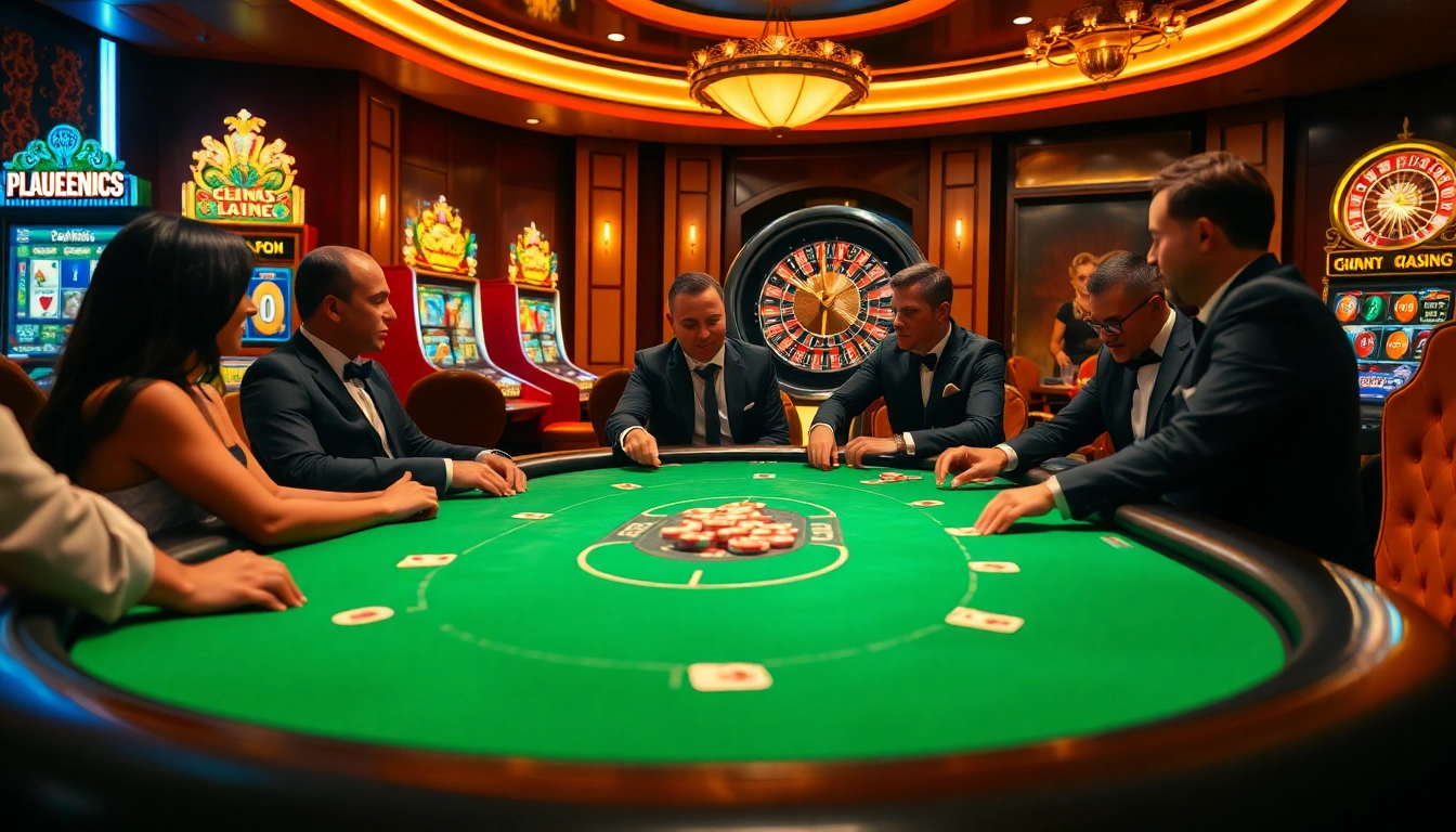 Joueurs engagés dans une partie de poker dans un luxueux casino en ligne français, avec des tables et des machines à sous vibrantes.