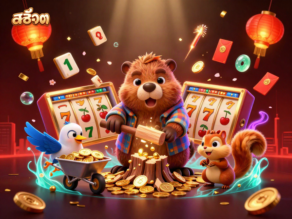 Experience thrilling สล็อต gameplay with colorful characters and dynamic casino elements in this vibrant illustration.