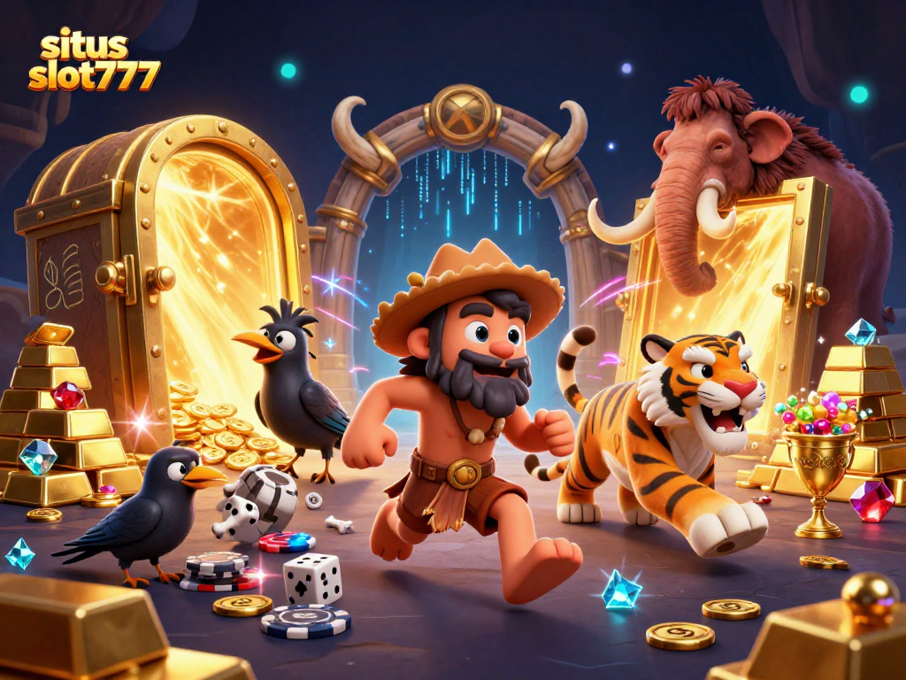 Engage with exciting gameplay at situs slot777 with vibrant treasures and casino characters.