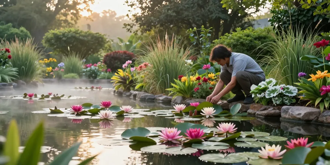 Buy Water Lilies in a serene garden pond surrounded by lush greenery.