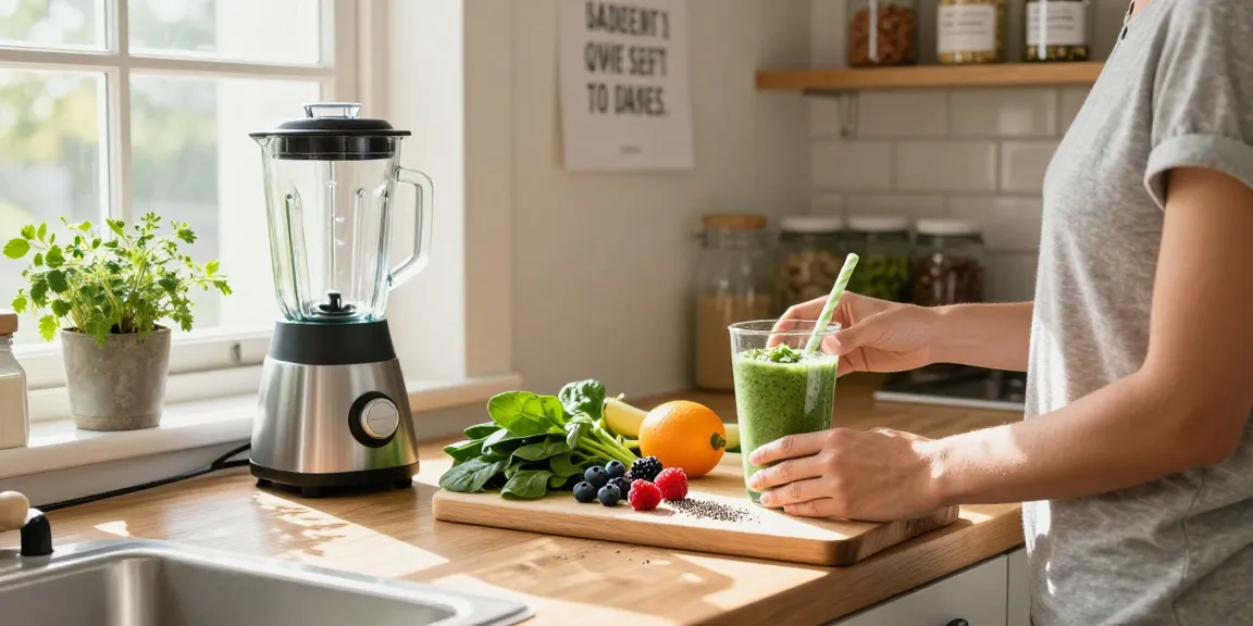 Preparing an antioxidant supplement Canada smoothie with fresh ingredients and sunlight for a healthy lifestyle.