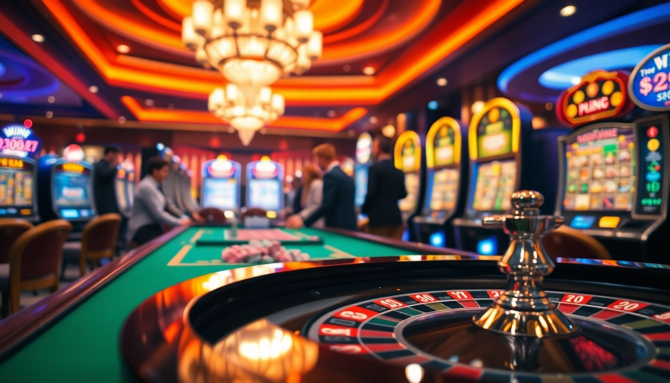 Menang besar di slot online dengan suasana kasino yang meriah dan pemain bersuka cita.
