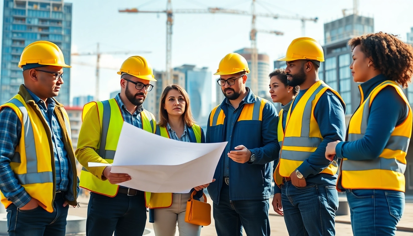 Showcase of construction leadership programs with professionals collaborating on-site and modern city skyline.