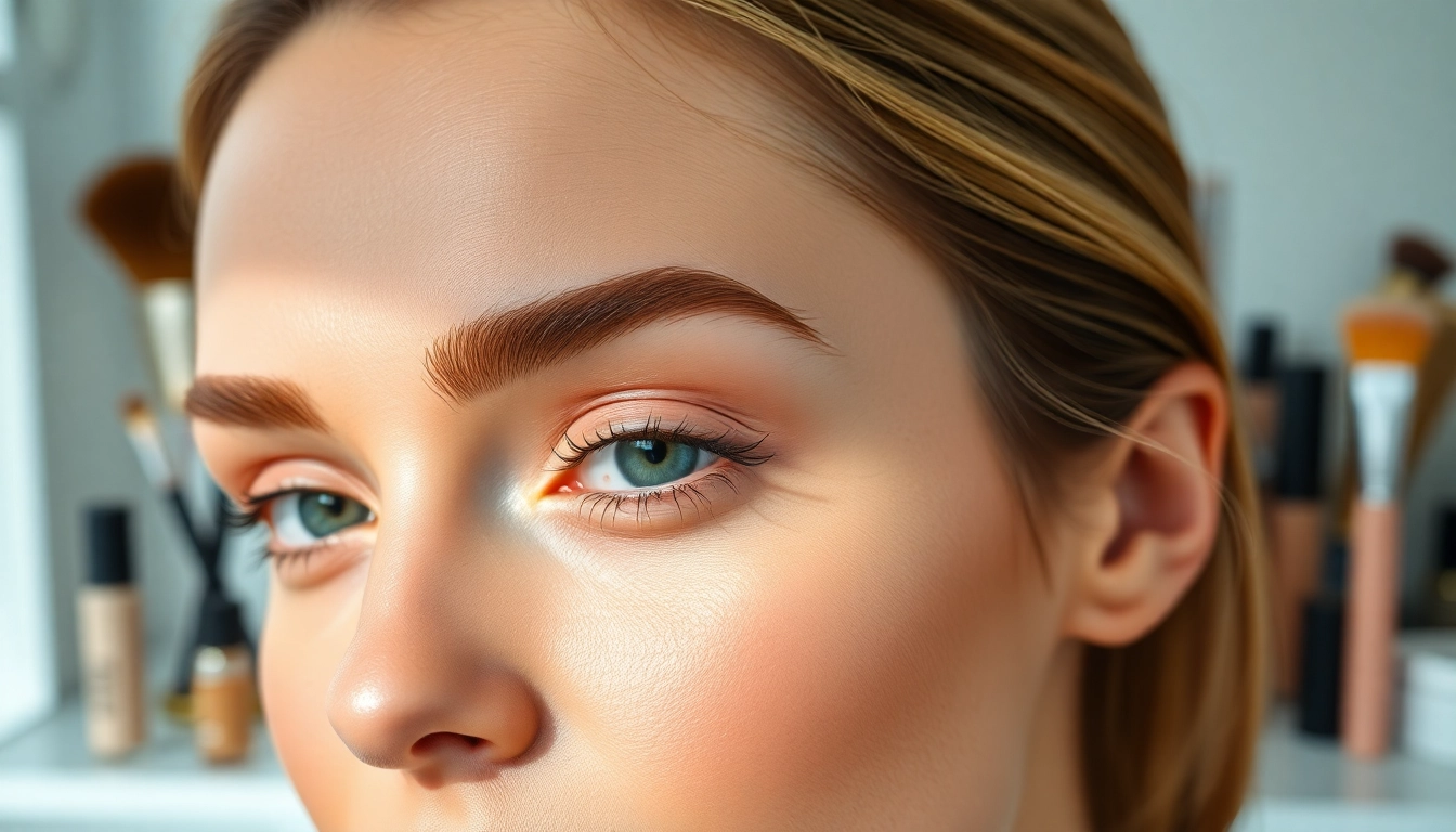 Applying eyebrow pencil light brown for a flawless brow look in a stylish makeup studio.