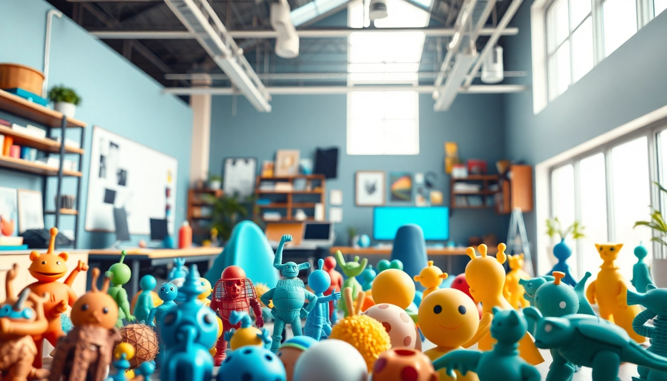 3D Animation studio filled with colorful models and a creative workspace in bright light.